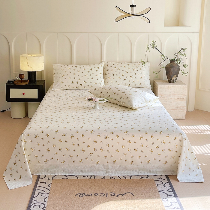 91家纺网 家纺一手货源 找家纺 春皖家纺 2025春夏新款老粗布花边款凉席席子单床单 床单单件 花边-倩影米