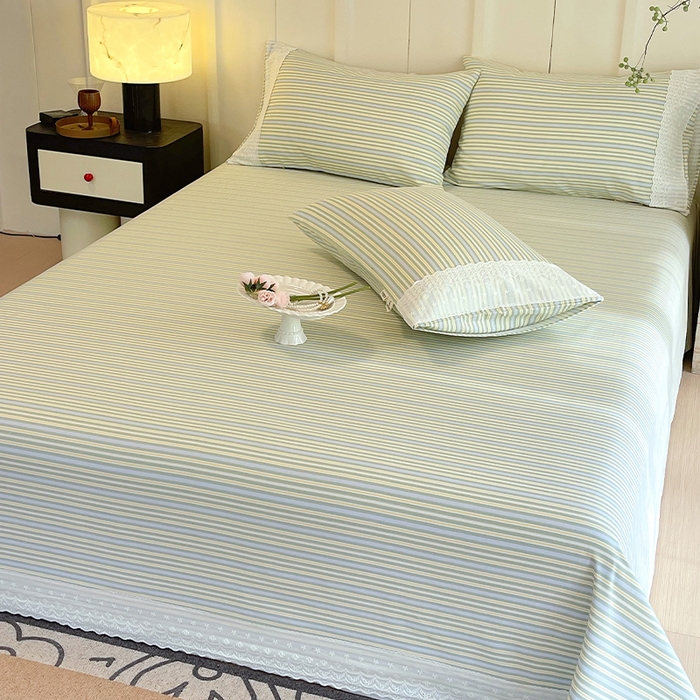 91家纺网 家纺一手货源 找家纺 春皖家纺 2025春夏新款老粗布花边款凉席席子单床单 床单单件 花边-琴南