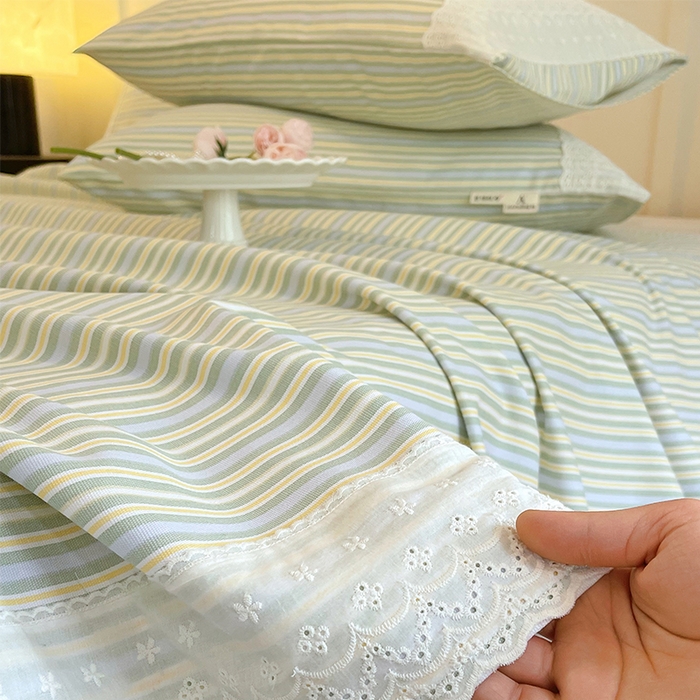 91家纺网 家纺一手货源 找家纺 春皖家纺 2025春夏新款老粗布花边款凉席席子单床单 床单单件 花边-琴南