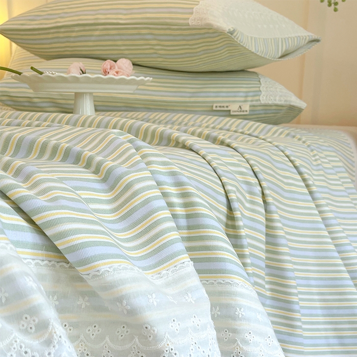 91家纺网 家纺一手货源 找家纺 春皖家纺 2025春夏新款老粗布花边款凉席席子单床单 床单单件 花边-琴南