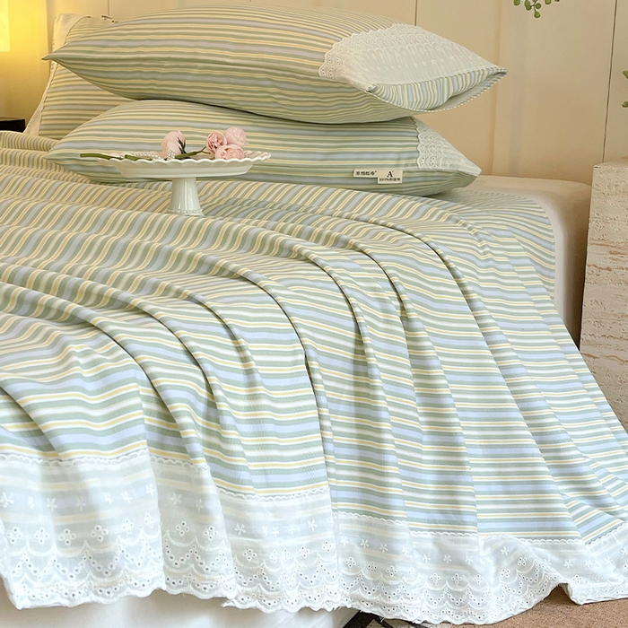 91家纺网 家纺一手货源 找家纺 春皖家纺 2025春夏新款老粗布花边款凉席席子单床单 床单单件 花边-琴南