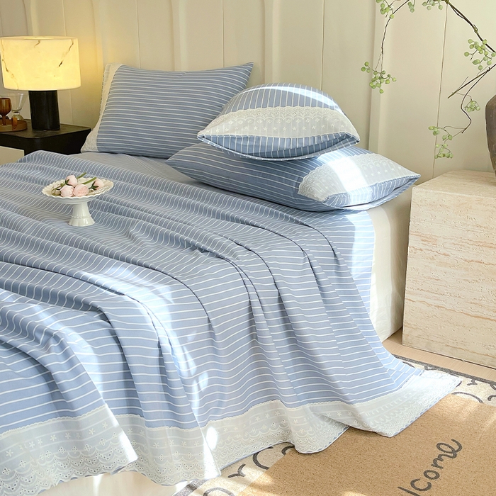 91家纺网 家纺一手货源 找家纺 春皖家纺 2025春夏新款老粗布花边款凉席席子单床单 床单单件 花边-细川聚