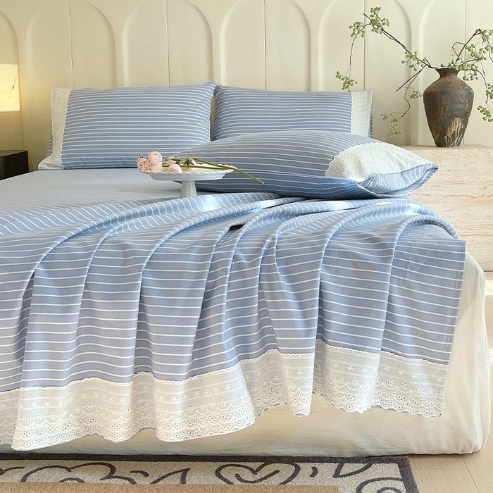 91家纺网 家纺一手货源 找家纺 春皖家纺 2025春夏新款老粗布花边款凉席席子单床单 床单单件 花边-细川聚