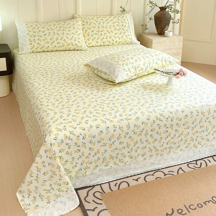 91家纺网 家纺一手货源 找家纺 春皖家纺 2025春夏新款老粗布花边款凉席席子单床单 床单单件 花边-伊兰