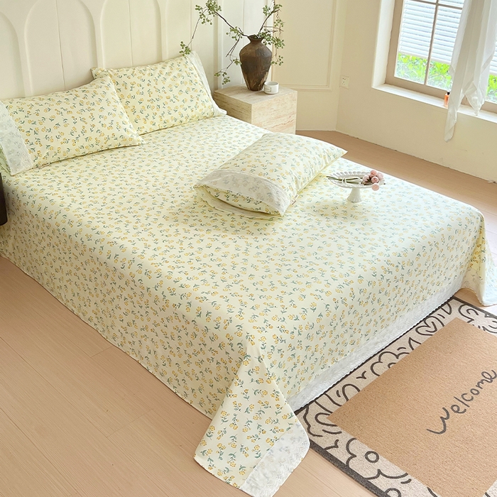 91家纺网 家纺一手货源 找家纺 春皖家纺 2025春夏新款老粗布花边款凉席席子单床单 床单单件 花边-伊兰