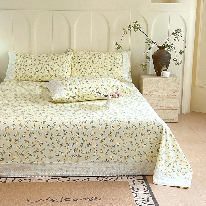 91家纺网 家纺一手货源 找家纺 春皖家纺 2025春夏新款老粗布花边款凉席席子单床单 床单单件 花边-伊兰