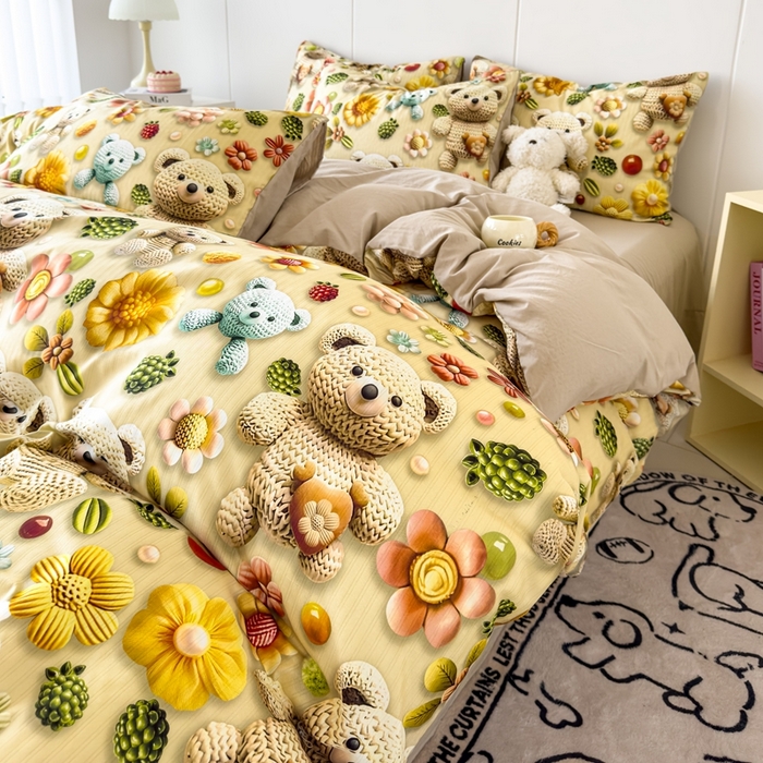 91家纺网 家纺一手货源 找家纺 绒裕家纺 2025春夏新款新品直播爆款推荐5D立体双层纱小清新四件套单被套宿舍三件套 5D蜜糖小熊-绿