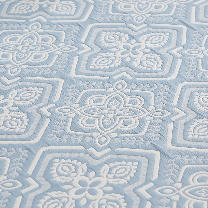 91家纺网 家纺一手货源 找家纺 梦镜家纺 2025新款A类针织双层纱床笠 花韵-薄雾蓝