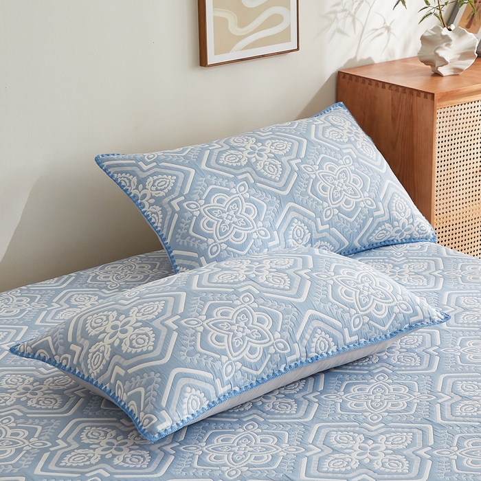 91家纺网 家纺一手货源 找家纺 梦镜家纺 2025新款A类针织双层纱床笠 花韵-薄雾蓝