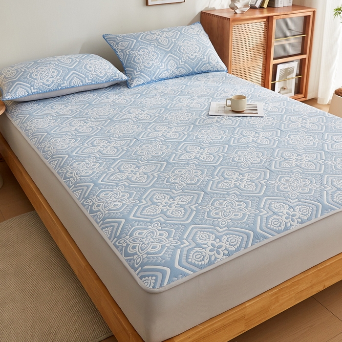 91家纺网 家纺一手货源 找家纺 梦镜家纺 2025新款A类针织双层纱床笠 花韵-薄雾蓝