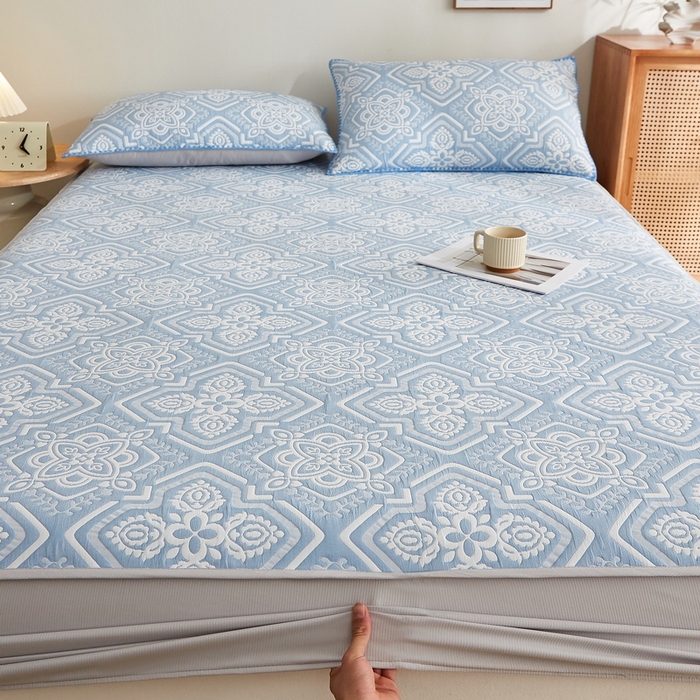 91家纺网 家纺一手货源 找家纺 梦镜家纺 2025新款A类针织双层纱床笠 花韵-薄雾蓝