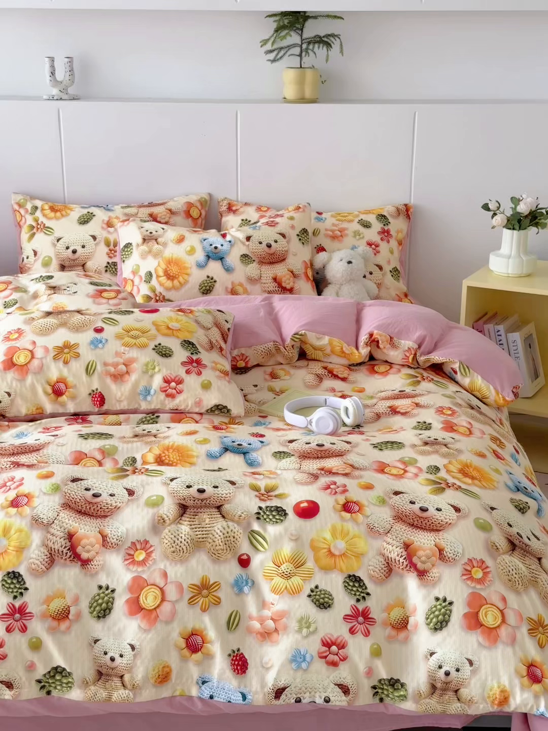 91家纺网 家纺一手货源 找家纺 绒裕家纺 2025春夏新款新品直播爆款推荐5D立体双层纱小清新四件套单被套宿舍三件套 5D蜜糖小熊-粉