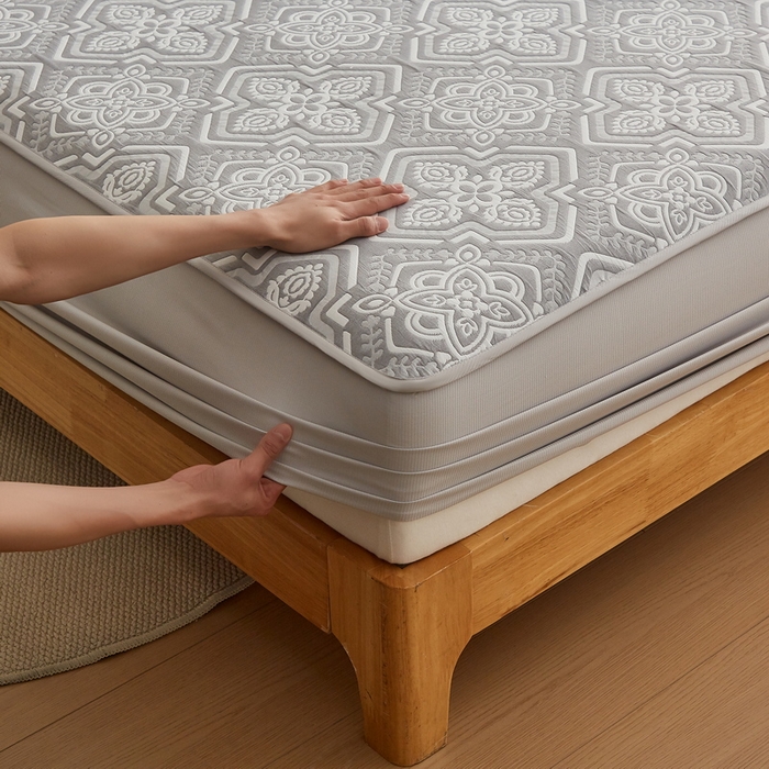 91家纺网 家纺一手货源 找家纺 梦镜家纺 2025新款A类针织双层纱床笠 花韵-淡雅灰