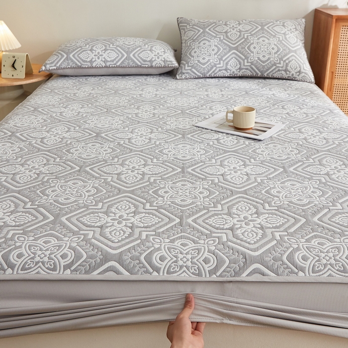 91家纺网 家纺一手货源 找家纺 梦镜家纺 2025新款A类针织双层纱床笠 花韵-淡雅灰