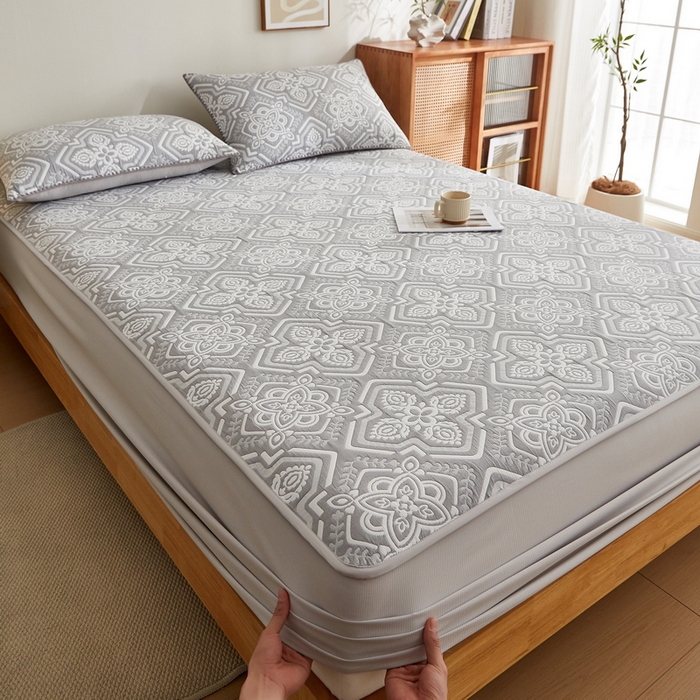 91家纺网 家纺一手货源 找家纺 梦镜家纺 2025新款A类针织双层纱床笠 花韵-淡雅灰