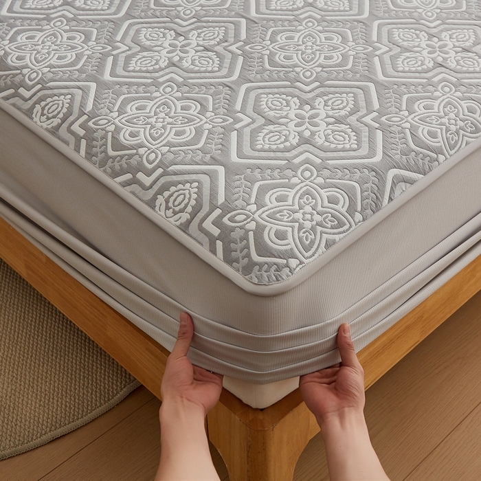 91家纺网 家纺一手货源 找家纺 梦镜家纺 2025新款A类针织双层纱床笠 花韵-淡雅灰