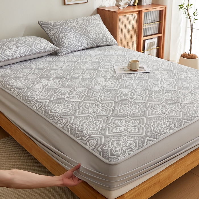 91家纺网 家纺一手货源 找家纺 梦镜家纺 2025新款A类针织双层纱床笠 花韵-淡雅灰