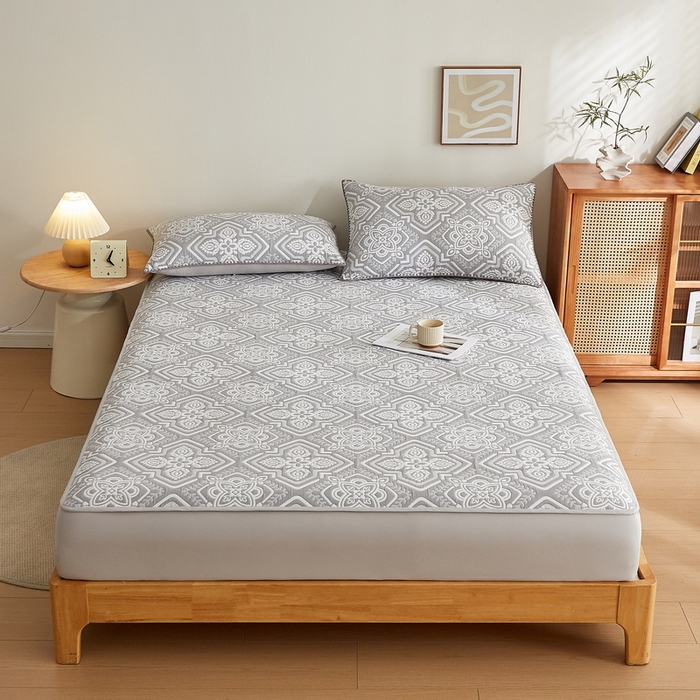 91家纺网 家纺一手货源 找家纺 梦镜家纺 2025新款A类针织双层纱床笠 花韵-淡雅灰