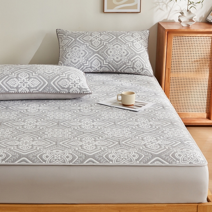 91家纺网 家纺一手货源 找家纺 梦镜家纺 2025新款A类针织双层纱床笠 花韵-淡雅灰