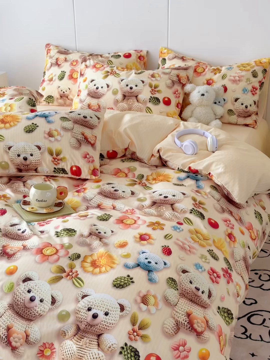 91家纺网 家纺一手货源 找家纺 绒裕家纺 2025春夏新款新品直播爆款推荐5D立体双层纱小清新四件套单被套宿舍三件套 5D蜜糖小熊-黄