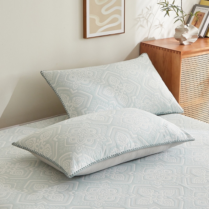 91家纺网 家纺一手货源 找家纺 梦镜家纺 2025新款A类针织双层纱床笠 花韵-天水碧