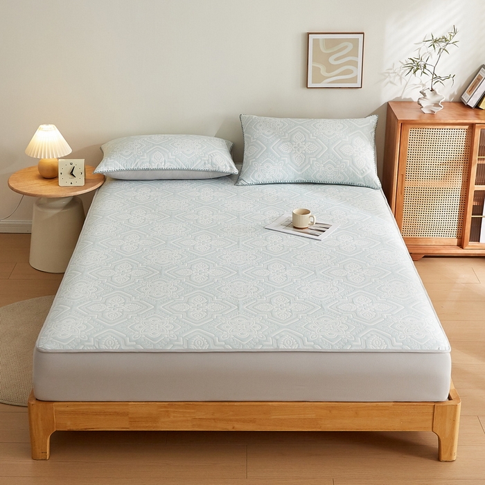 91家纺网 家纺一手货源 找家纺 梦镜家纺 2025新款A类针织双层纱床笠 花韵-天水碧