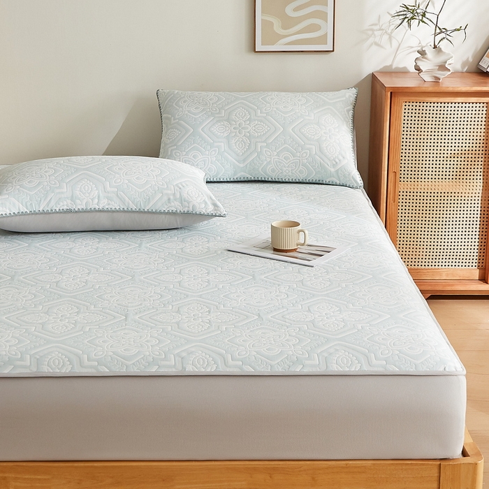 91家纺网 家纺一手货源 找家纺 梦镜家纺 2025新款A类针织双层纱床笠 花韵-天水碧