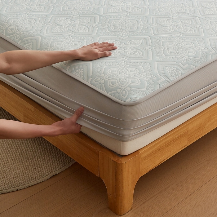 91家纺网 家纺一手货源 找家纺 梦镜家纺 2025新款A类针织双层纱床笠 花韵-天水碧