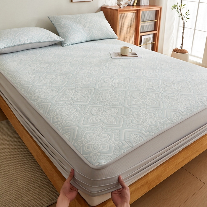 91家纺网 家纺一手货源 找家纺 梦镜家纺 2025新款A类针织双层纱床笠 花韵-天水碧