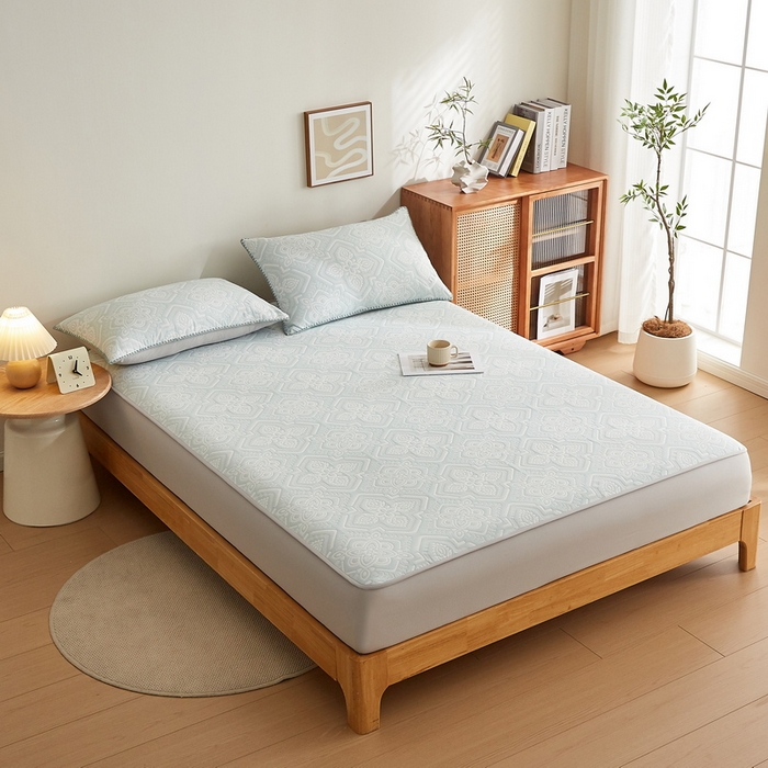 91家纺网 家纺一手货源 找家纺 梦镜家纺 2025新款A类针织双层纱床笠 花韵-天水碧