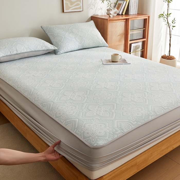 91家纺网 家纺一手货源 找家纺 梦镜家纺 2025新款A类针织双层纱床笠 花韵-天水碧