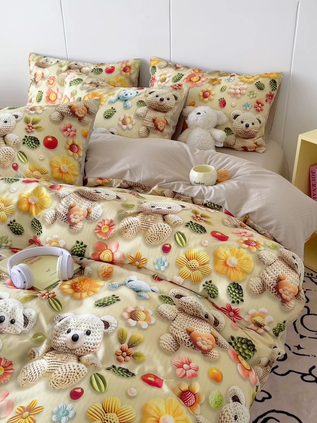 91家纺网 家纺一手货源 找家纺 绒裕家纺 2025春夏新款新品直播爆款推荐5D立体双层纱小清新四件套单被套宿舍三件套 5D蜜糖小熊-绿