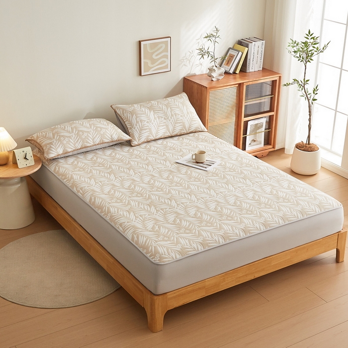 91家纺网 家纺一手货源 找家纺 梦镜家纺 2025新款A类针织双层纱床笠 细叶-浅咖色