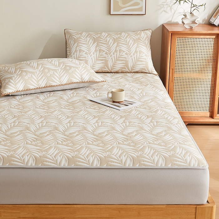 91家纺网 家纺一手货源 找家纺 梦镜家纺 2025新款A类针织双层纱床笠 细叶-浅咖色