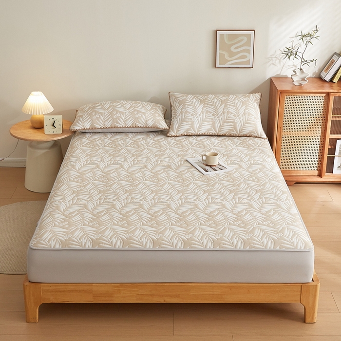 91家纺网 家纺一手货源 找家纺 梦镜家纺 2025新款A类针织双层纱床笠 细叶-浅咖色