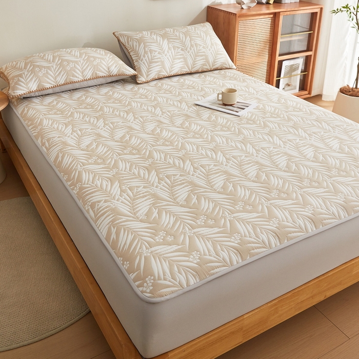 91家纺网 家纺一手货源 找家纺 梦镜家纺 2025新款A类针织双层纱床笠 细叶-浅咖色