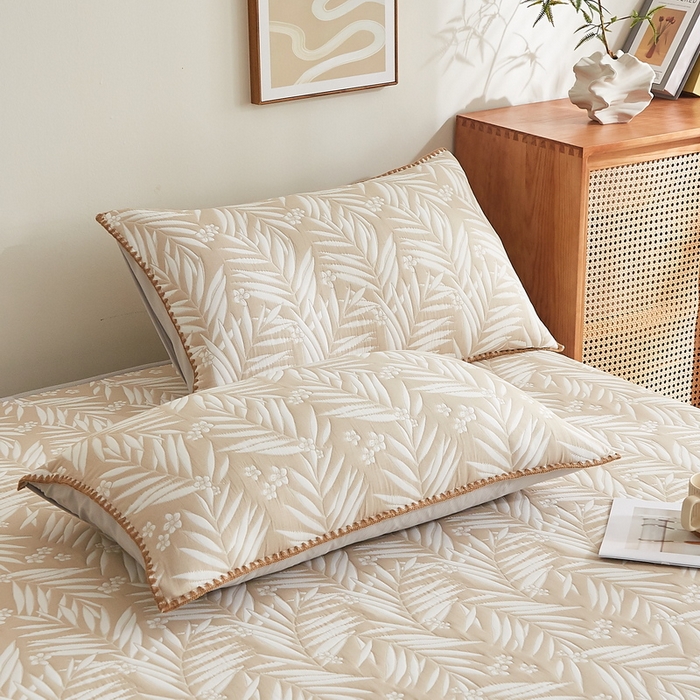 91家纺网 家纺一手货源 找家纺 梦镜家纺 2025新款A类针织双层纱床笠 细叶-浅咖色