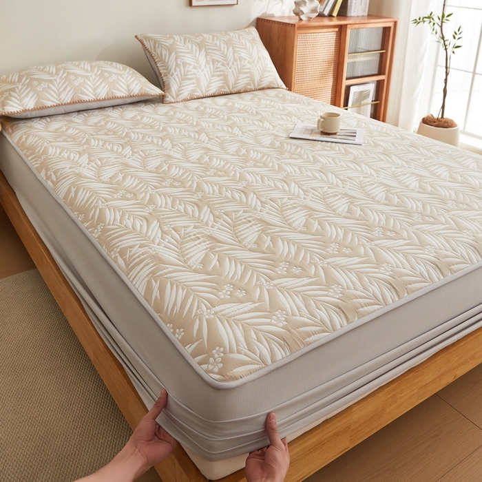 91家纺网 家纺一手货源 找家纺 梦镜家纺 2025新款A类针织双层纱床笠 细叶-浅咖色