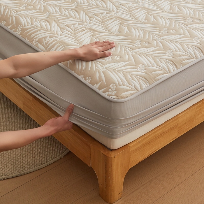 91家纺网 家纺一手货源 找家纺 梦镜家纺 2025新款A类针织双层纱床笠 细叶-浅咖色