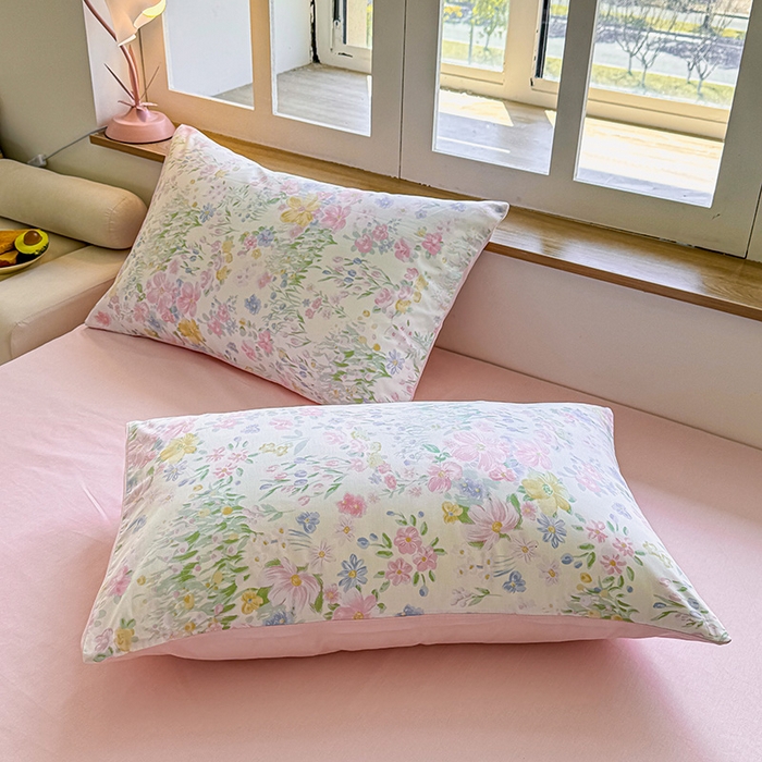 芊寻家居 2025新款13372全棉印花系列单枕套 花丛 粉