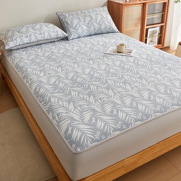 91家纺网 家纺一手货源 找家纺 梦镜家纺 2025新款A类针织双层纱床笠 细叶-浅蓝灰