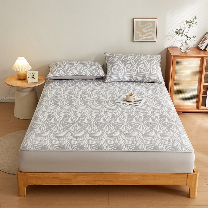 91家纺网 家纺一手货源 找家纺 梦镜家纺 2025新款A类针织双层纱床笠 细叶-雅致灰