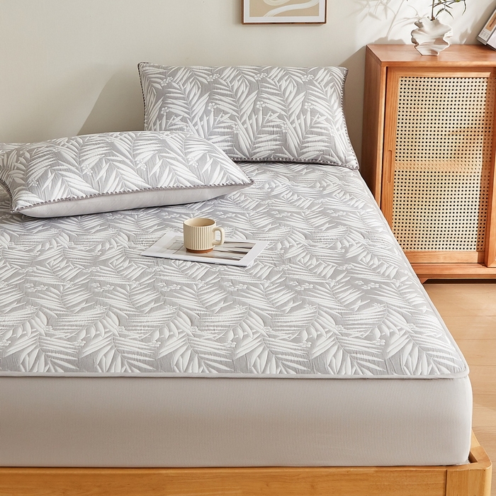 91家纺网 家纺一手货源 找家纺 梦镜家纺 2025新款A类针织双层纱床笠 细叶-雅致灰