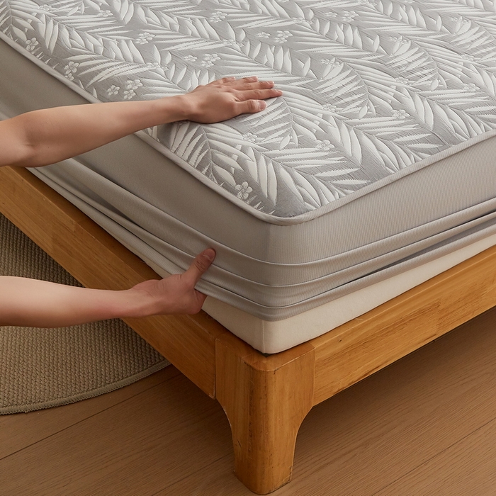 91家纺网 家纺一手货源 找家纺 梦镜家纺 2025新款A类针织双层纱床笠 细叶-雅致灰