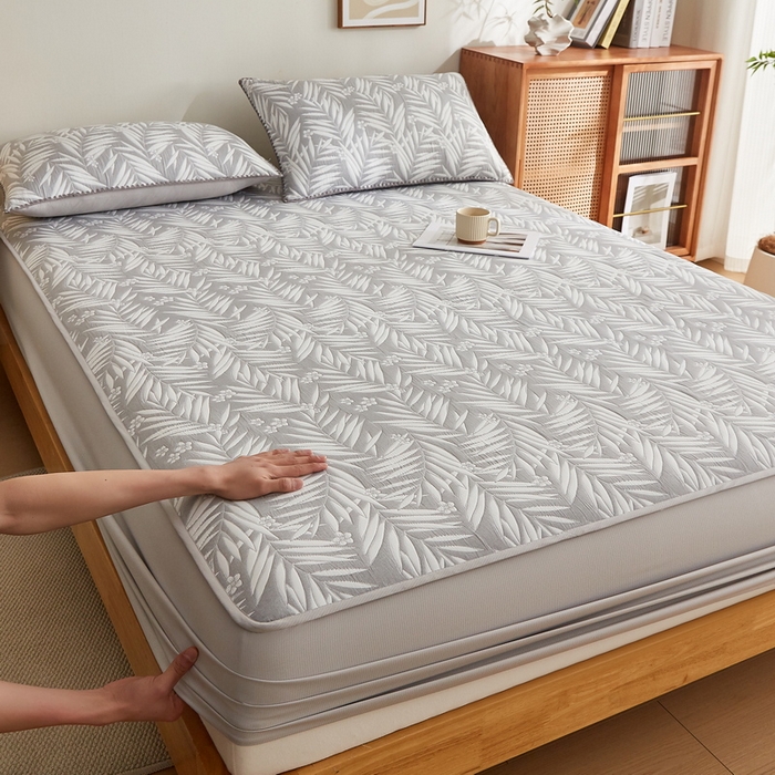 91家纺网 家纺一手货源 找家纺 梦镜家纺 2025新款A类针织双层纱床笠 细叶-雅致灰