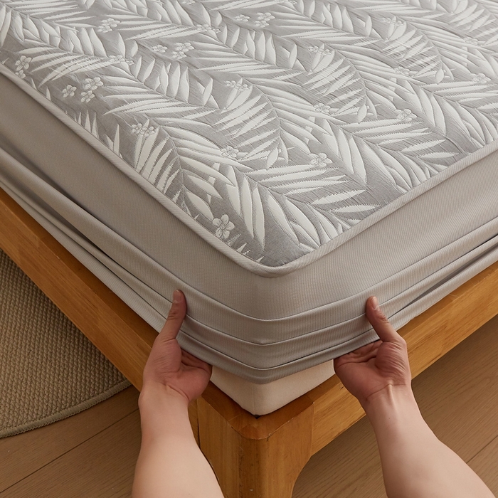 91家纺网 家纺一手货源 找家纺 梦镜家纺 2025新款A类针织双层纱床笠 细叶-雅致灰