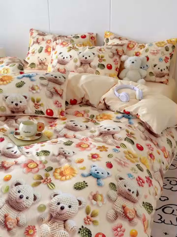 91家纺网 家纺一手货源 找家纺 （总）绒裕家纺 2025春夏新款新品直播爆款推荐5D立体双层纱小清新四件套单被套宿舍三件套