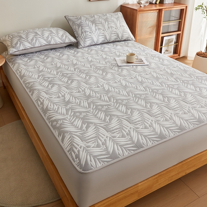 91家纺网 家纺一手货源 找家纺 梦镜家纺 2025新款A类针织双层纱床笠 细叶-雅致灰