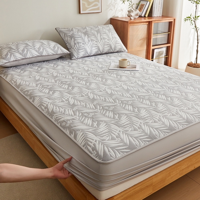 91家纺网 家纺一手货源 找家纺 梦镜家纺 2025新款A类针织双层纱床笠 细叶-雅致灰