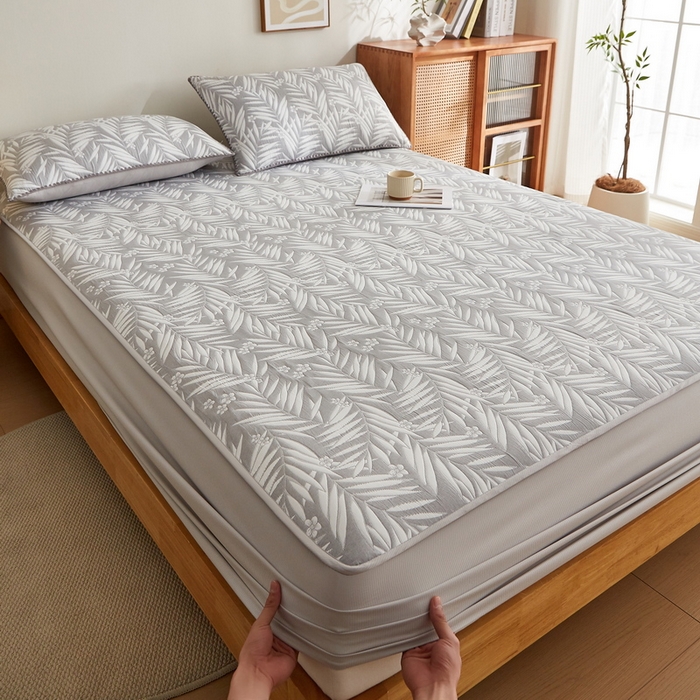 91家纺网 家纺一手货源 找家纺 梦镜家纺 2025新款A类针织双层纱床笠 细叶-雅致灰